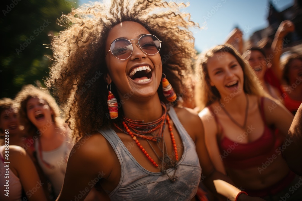 A lively group of women joyfully sharing laughs and smiles at an outdoor festival, showcasing their unique styles and happy spirits A lively group of women joyfully sharing laughs and smiles at an outdoor festival, showcasing their unique styles and happy spirits