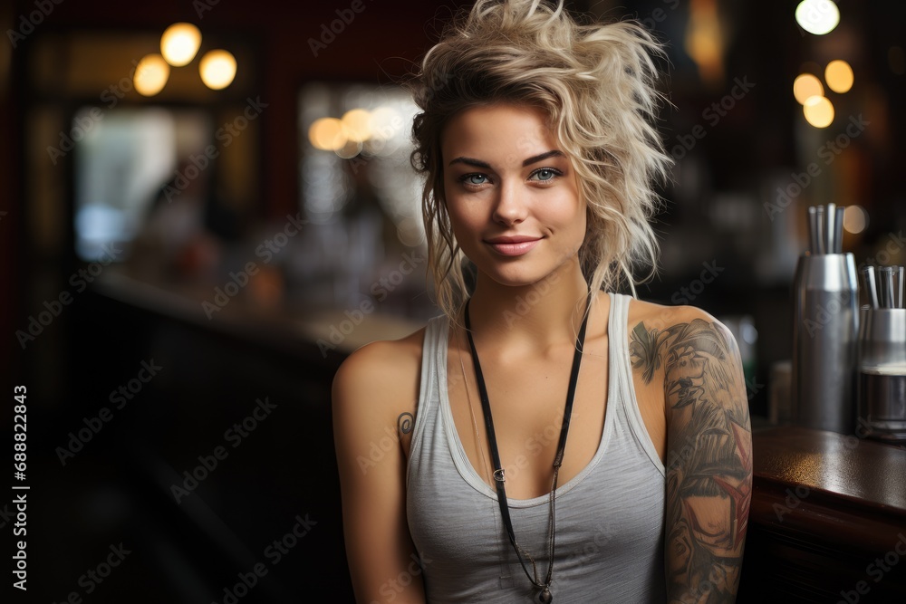 A fierce and fashionable woman proudly displays her intricate tattoos as she gazes confidently into the camera, her stylish hair and trendy accessories completing her edgy look A fierce and fashionable woman proudly displays her intricate tattoos as she gazes confidently into the camera, her stylish hair and trendy accessories completing her edgy look