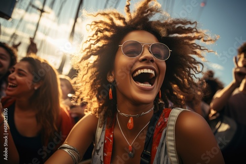 A joyful woman with sun-kissed curls and trendy sunglasses laughs freely at an outdoor festival, radiating warmth and style