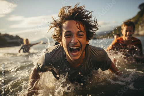A joyous man revels in the refreshing embrace of the ocean, his laughter echoing through the open sky as he swims freely in the crashing waves of the beach © Larisa AI