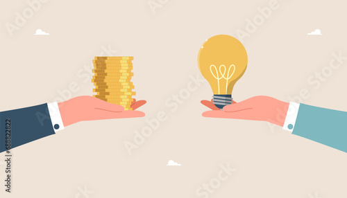Profitability and payback of innovations, buying intellectual property, investing in creative ideas and startups for income, launching new business projects, big hands holds coins and a light bulb.