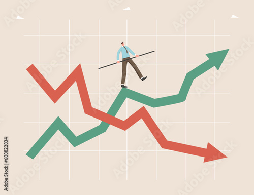 Strategy for surviving economic crisis, finding way out of business problems, maintaining financial position during stock market crash, risky investments, man tries not to fall from growing arrow. photo