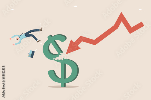 Loss of money, profit from investments and deposits, decrease in business value, financial or economic collapse, defeat or failure in the foreign exchange market, man falls from a broken dollar.