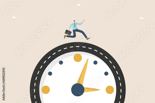 Time management and business planning, employee productivity for a certain period of time, urgent work, calendar schedule, meeting project deadlines, multitasking, man running on a clock like a road. photo