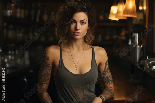 A stylish woman with intricate tattoos graced the bar, her human face glowing in the dimly lit indoor setting, her fashion-forward clothing perfectly complementing the edgy wall art behind her as she