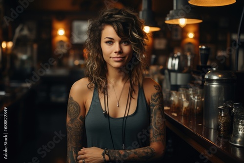 A rebellious girl with striking tattoos on her arm stands confidently against a gritty bar wall  her fierce gaze and edgy clothing showcasing her unique style and bold personality