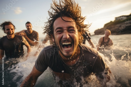 A joyful group of friends bask in the warm sun and cool waves at the beach, their smiling faces illuminated by the bright blue sky as they splash and play in the refreshing water