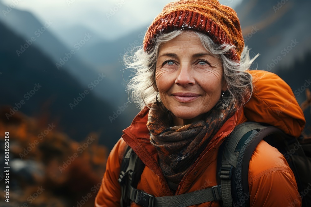A radiant woman, with a warm smile and vibrant orange scarf, confidently explores the rugged mountains, her hat and backpack hinting at an adventurous spirit