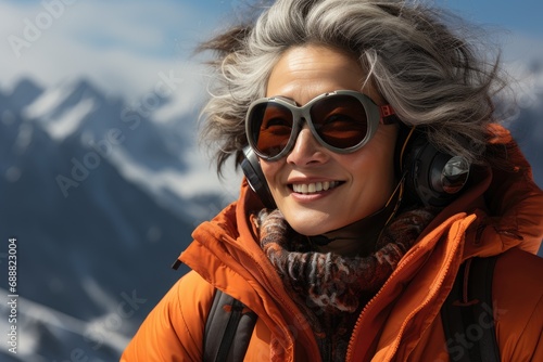 A beaming woman, bundled in a winter jacket, takes on the snowy mountain with confidence, sporting sunglasses and headphones as essential accessories for her outdoor adventure