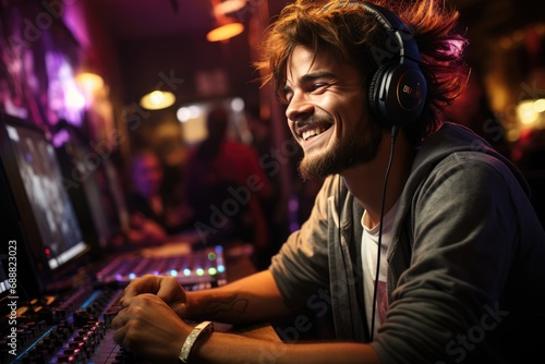 A smiling man, dressed in modern clothing, stands indoors wearing headphones while working on a mixing console, embodying the passion and skill of an audio engineer and disc jockey, lost in the world
