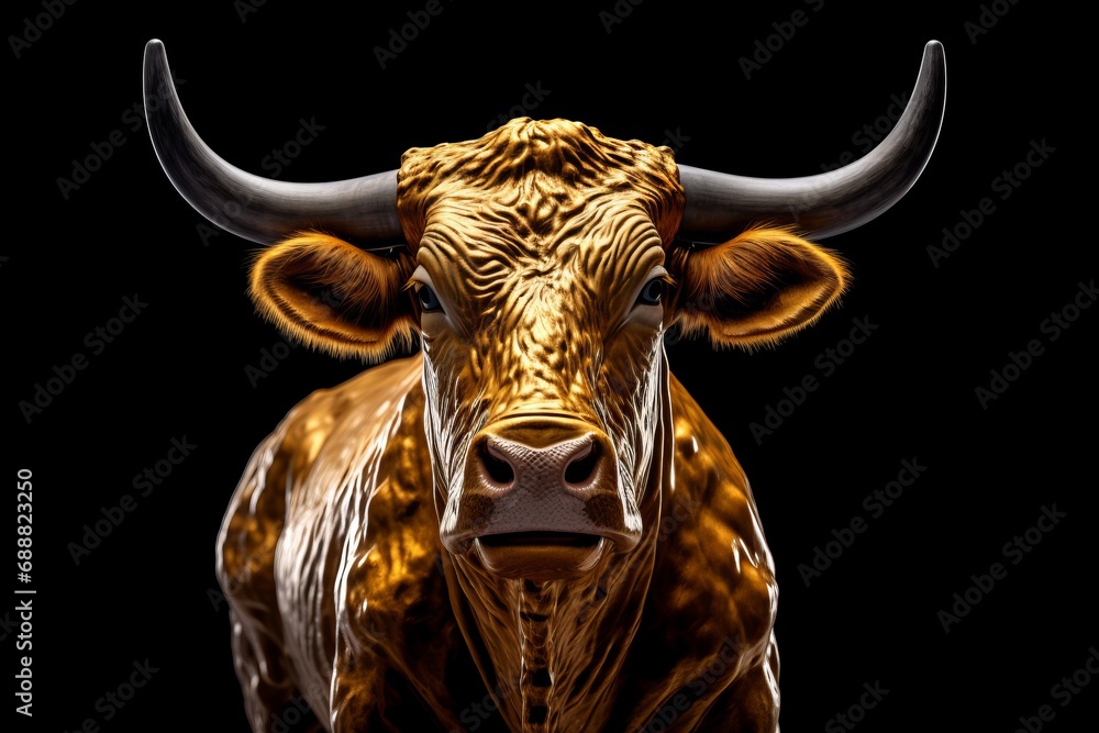 Golden bull sculpture, black background Golden bull sculpture, black background