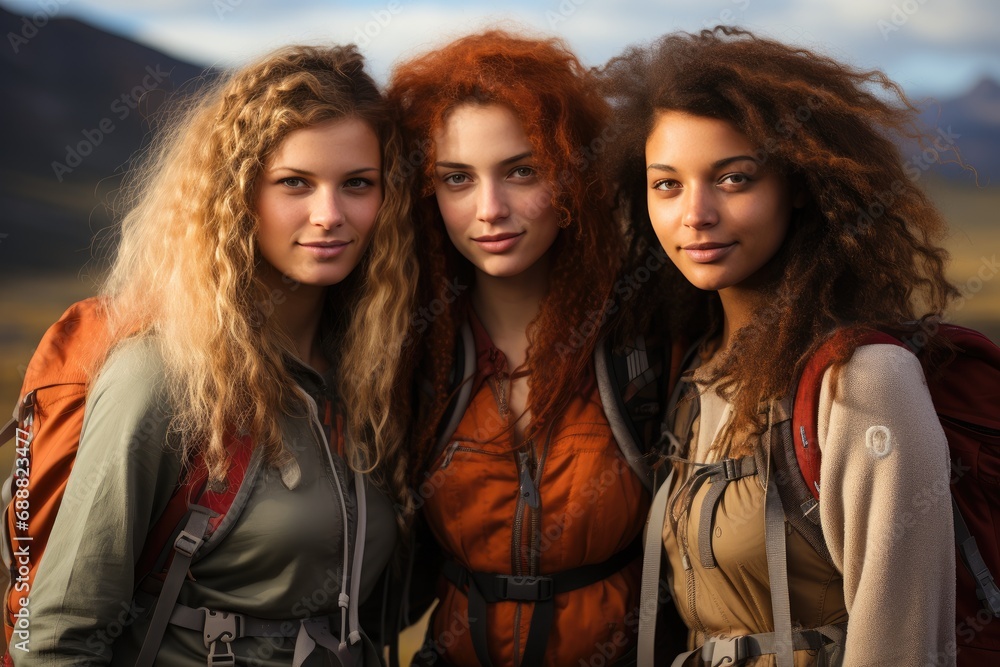 Fototapeta premium A group of adventurous women, their faces beaming with joy, stand proudly on a mountain, their long hair and scarves flowing in the wind as they pose for a photo in their stylish jackets and backpack