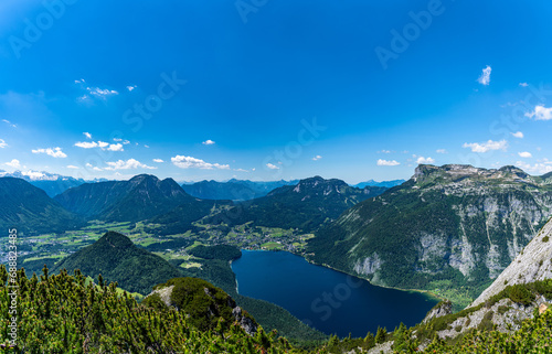 Stunning aerial panorama view of Altaussee lake from Trisselwand with the peak Loser on a sunny summer day, Styria, Austria photo