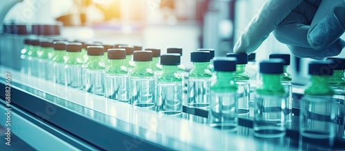 Glass bottles being filled with medications for protection against bacteria, viruses, antibiotics, and vaccines on an automated liquid dispenser tray in production.