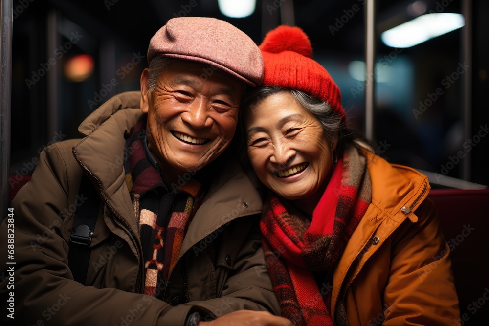 An outdoor winter portrait captures the warmth and joy of a man and woman, their faces adorned with bright smiles and fashionable clothing including a red jacket and hat An outdoor winter portrait captures the warmth and joy of a man and woman, their faces adorned with bright smiles and fashionable clothing including a red jacket and hat