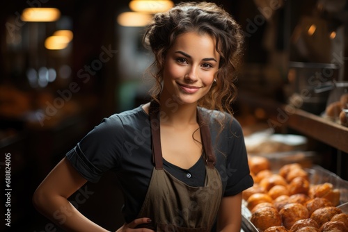 A woman with a warm smile stands proudly before a delectable spread of freshly baked goods, tempting the senses with her delectable offerings