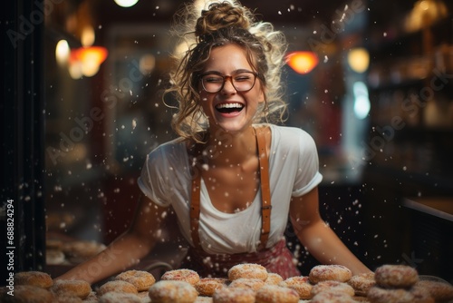 A content woman enjoys a sweet treat at a cozy indoor table, radiating joy through her smile as she indulges in a delicious doughnut