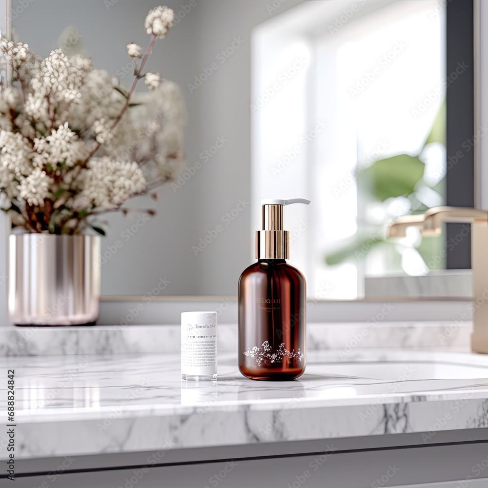 bottle of perfume or essence on the vanity and white flower bottle of perfume or essence on the vanity and white flower