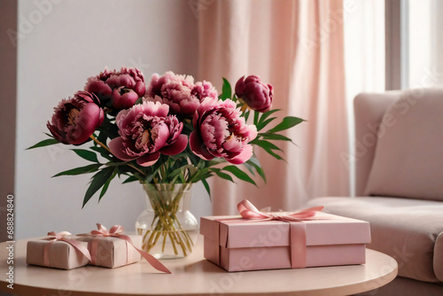 bouquet of delicate pink and burgundy peonies and a gift box with a bow on a white table.