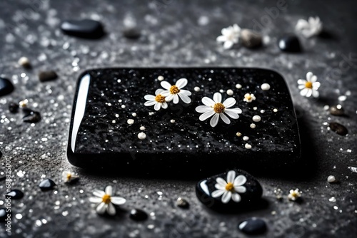  a black, shiny rectangular shape stone having some white small flowers in that stone, stone is on a grey floor