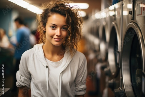 A young woman stands in the laundry room, her smiling face reflecting in the shiny kitchen appliance as she tends to the clothes dryer with care and grace photo