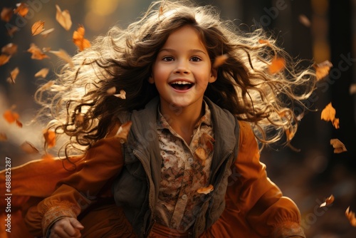 In a serene outdoor setting, a smiling girl with flowing locks adorned in vibrant clothing stands confidently, surrounded by flying leaves, her human face a portrait of pure joy and freedom