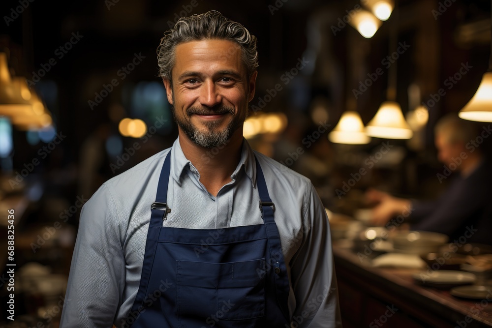 A smiling man in an apron stands indoors, his beard framing his contented expression as he prepares food, his clothing embodying his passion for cooking A smiling man in an apron stands indoors, his beard framing his contented expression as he prepares food, his clothing embodying his passion for cooking
