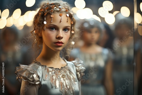 A stunning portrait of a girl in a silver dress, evoking a sense of ethereal beauty and fashion forward style, standing in contrast to the mannequins behind her