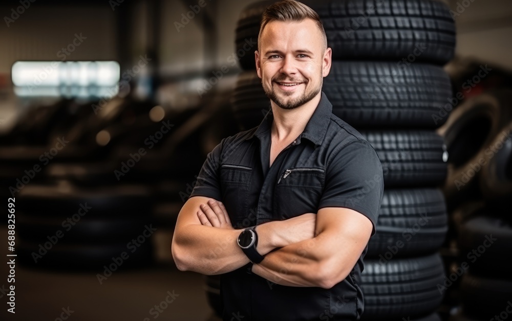 Obraz premium Mechanic standing in a car tire shop and service