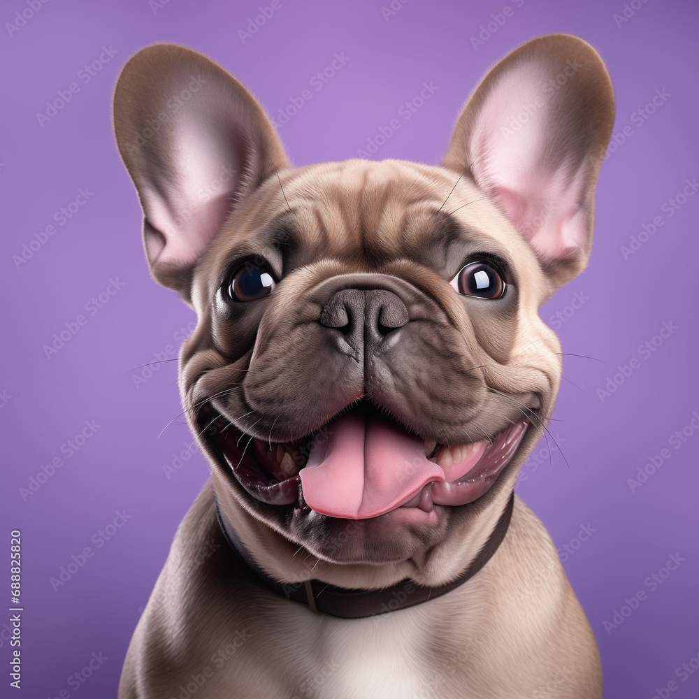 Portrait of a dog. Closeup French bulldog on a purple background.