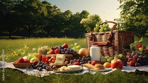 A picnic in nature is a rug with food and drinks in the meadow