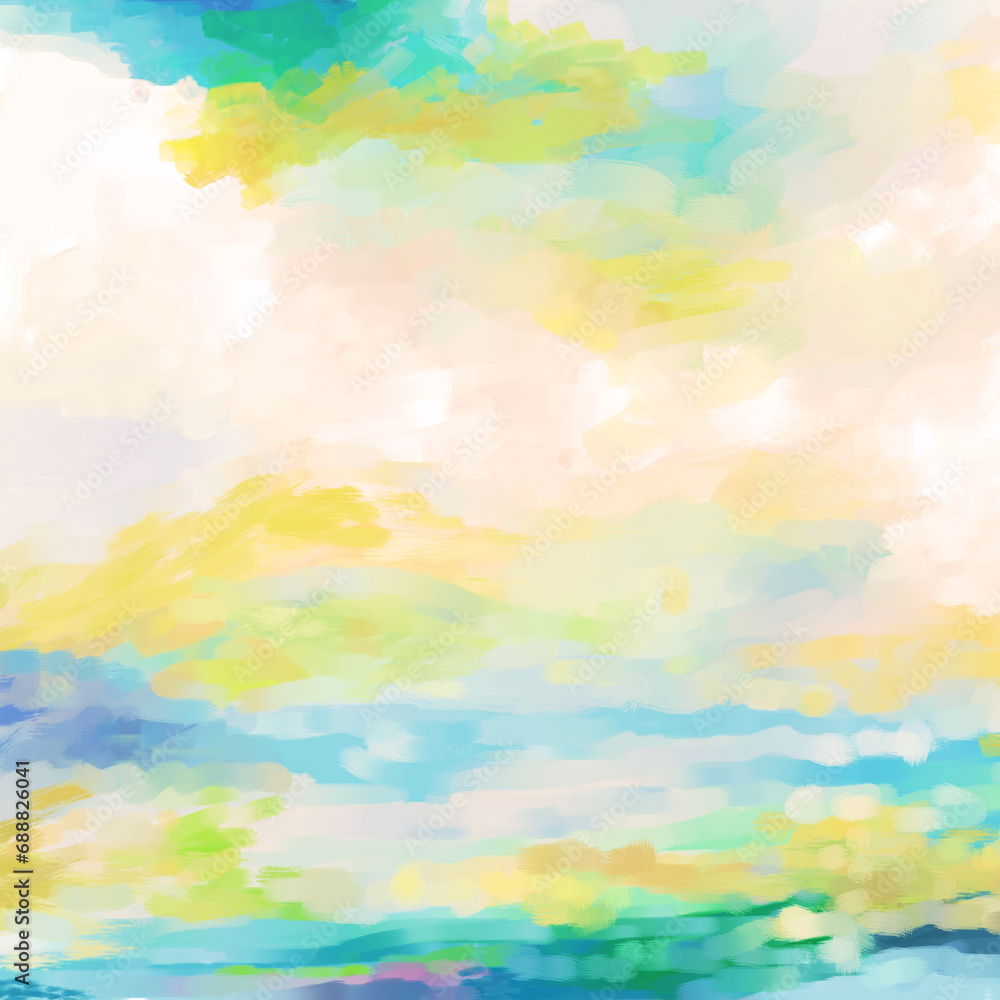 Colorful Landscape or Cloudscape Sunset, Sunrise, Art, Digital Painting, Artwork, Design, or Illustration in Yellow, Aqua, Blue and Green