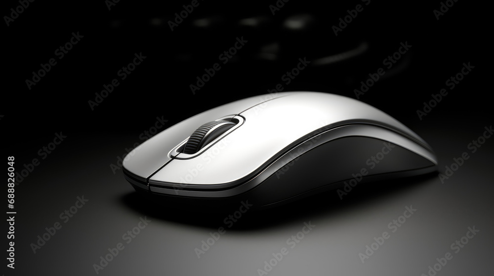 Detailed shot of a computer mouse with a monochromatic and smooth design. Detailed shot of a computer mouse with a monochromatic and smooth design.
