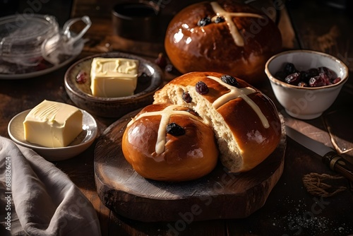 An image of a hot cross bun, a sweet bread with a cross made of icing on top (Generative AI)
