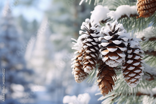 Snowy pinecones. Winter wonderland.