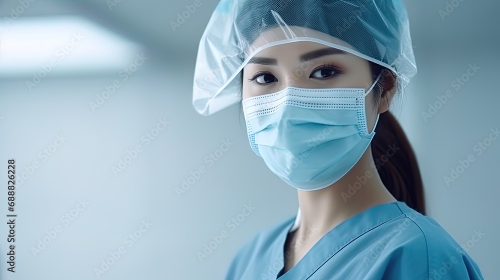 A caring nurse with a medical mask that ensures safety around A caring nurse with a medical mask that ensures safety around