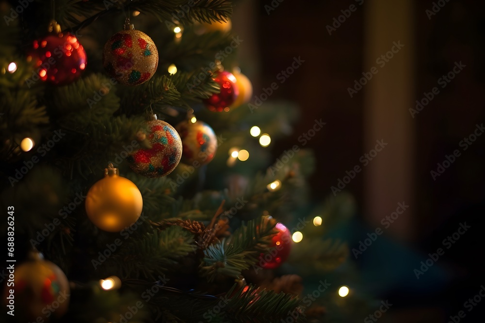 A close-up of a Christmas tree with green needles, red and gold baubles, white lights, and a star on top (Generative AI)