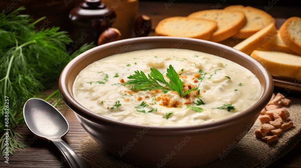 A bowl of creamy clam chowder garnished with fresh herbs and served with crackers Copy space on the right