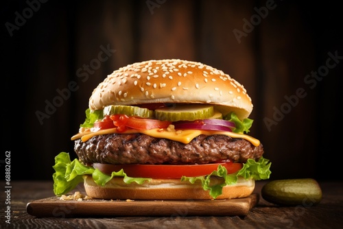 A classic cheeseburger shot against a rustic background with copyspace for text.