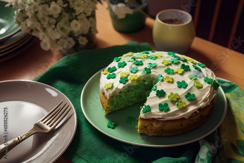 An image of a green cake, decorated with white frosting and green sprinkles (Generative AI)