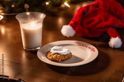 An image of a red and white Santa Claus hat with a white pom-pom and a white fur trim (Generative AI)