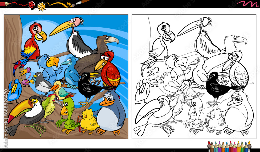 cartoon colorful birds animal characters group coloring page