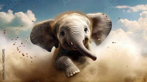 A small elephant playing in a dusty cloud with joy