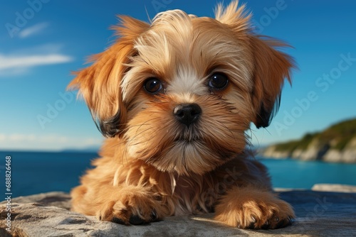 A playful yorkipoo puppy basks in the warm sun, content as can be on a sandy beach rock © Larisa AI