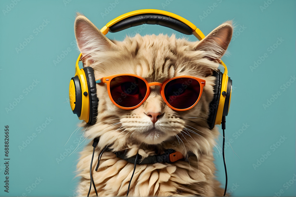 Cat wearing headphones and sunglasses, isolated on a plain background, generative AI