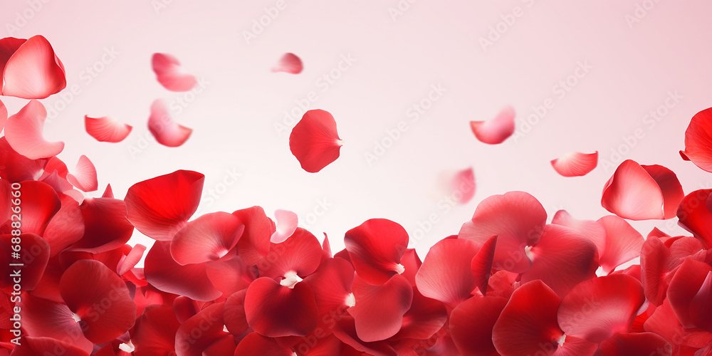 Red rose petals flying on light background, Valentines day, romantic Red rose petals flying on light background, Valentines day, romantic