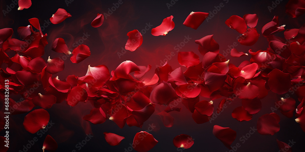 Red rose petals flying on dark background, valentines day, romantic Red rose petals flying on dark background, valentines day, romantic