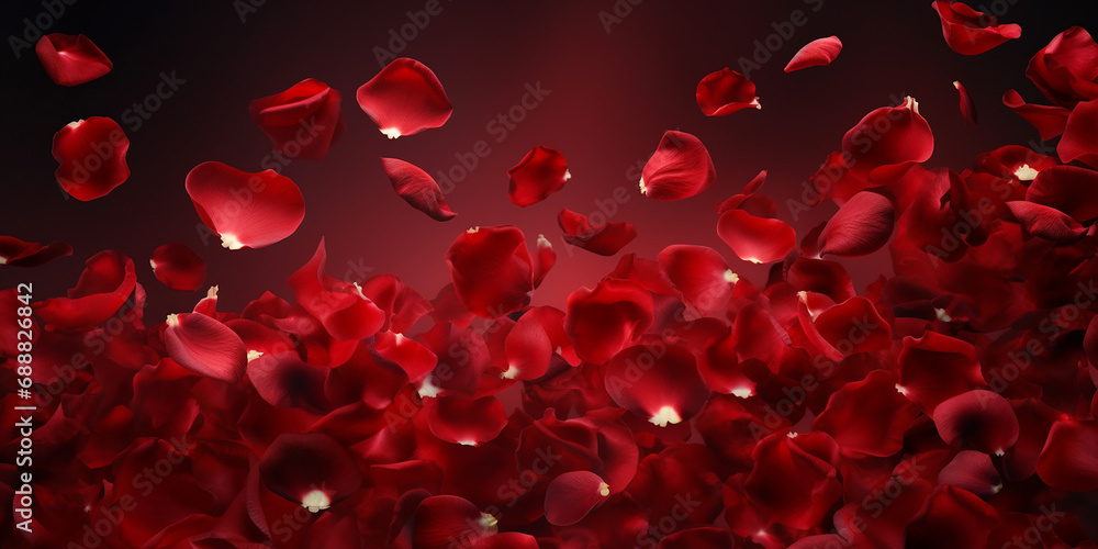 Red rose petals flying on dark background, valentines day, romantic