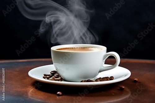 A steaming cup of coffee on a saucer with copyspace available for text placement.