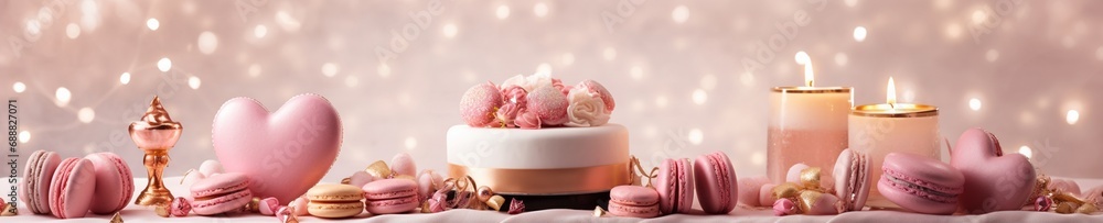 Valentine's Day pink heart sweets and macarons. Food proffession photography. Banner Valentine's Day pink heart sweets and macarons. Food proffession photography. Banner
